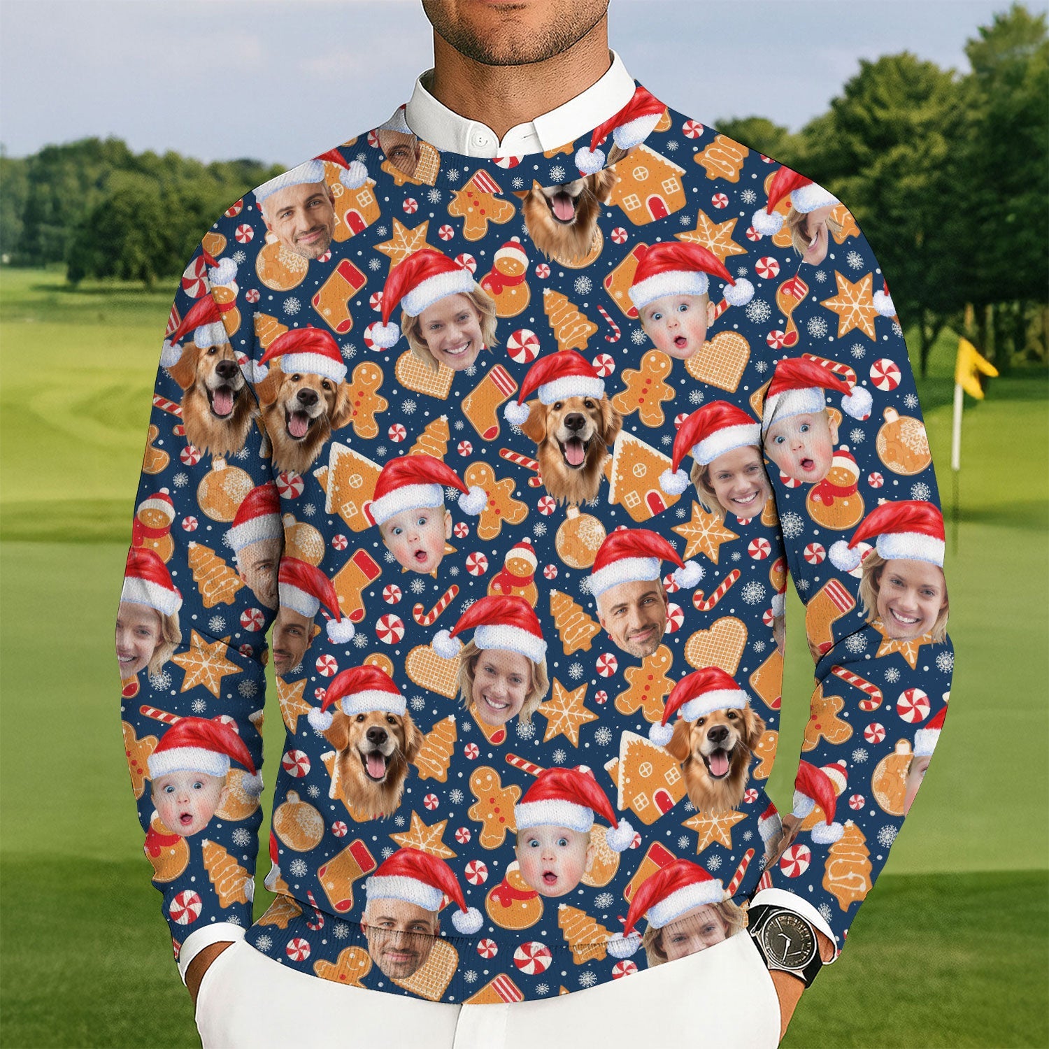 Custom Face Christmas Sweets Navy Golf Ugly Sweater, Golf Ugly Christmas Sweater, Christmas Golf Shirt