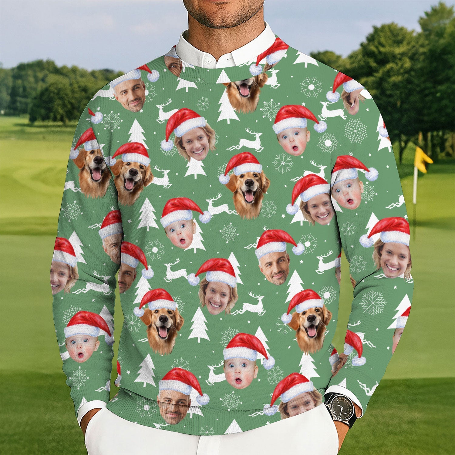 Custom Face Snow Reindeer Sage Green Golf Ugly Sweater, Christmas Golf Shirt, Golf Sweater, Christmas Golf Gift