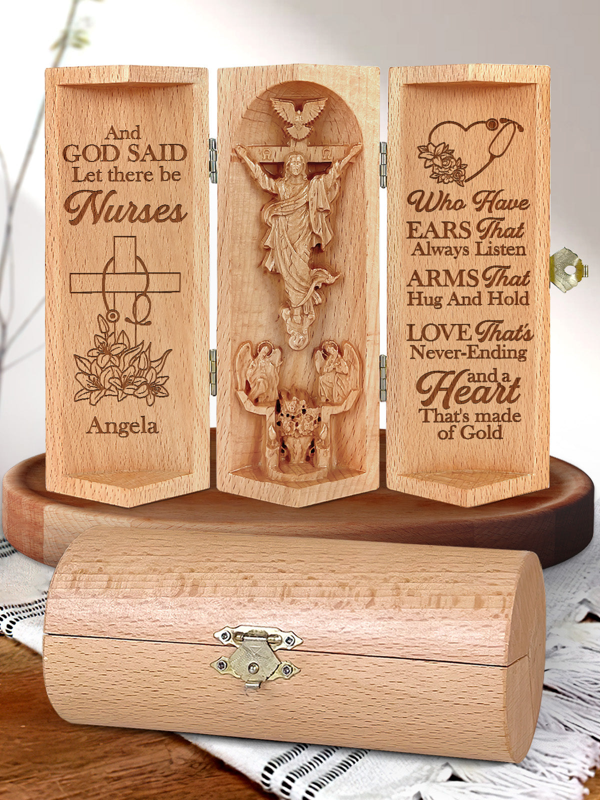 Prayer Nurses, Openable Wooden Cylinder Sculpture of Jesus Christ, Christ Decor
