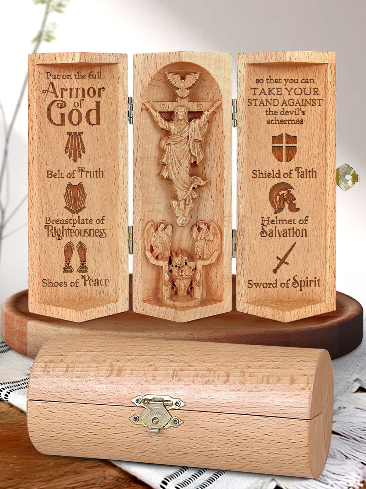 Put On The Full Armor Of God, Openable Wooden Cylinder Sculpture of Jesus Christ, Christian Gifts