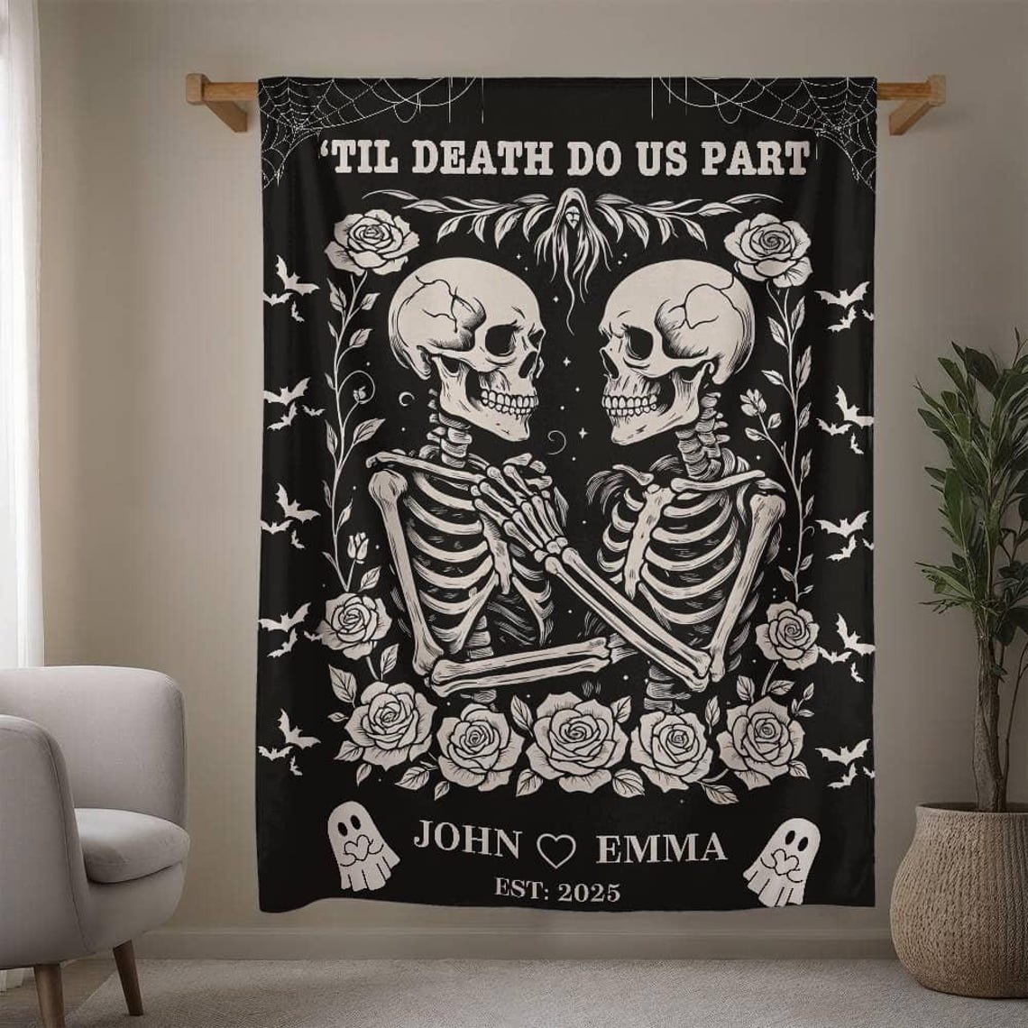 Til Death Do Us Apart Skeleton Couple Anniversary Blanket, Custom Woven Blanket, Personalized Wedding Gifts