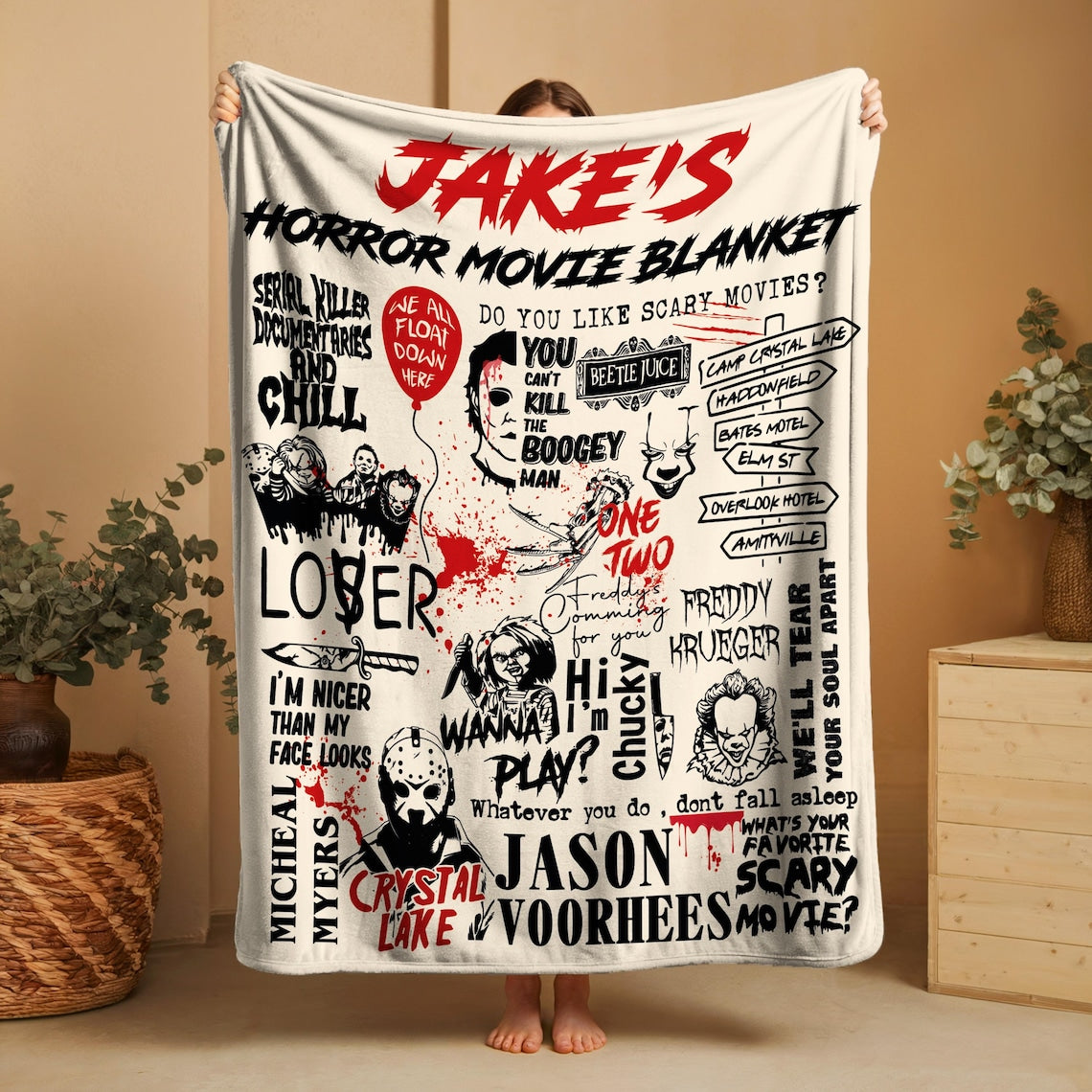 Custom Name Horror Movie Blanket, Horror Home Decor, Gift For Horror Movie Fan