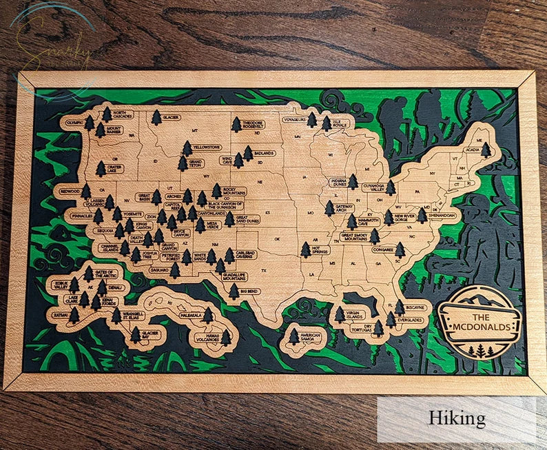 Personalized National Park Map Wooden Checklist Travel With Pins, National Park Sign, Gift for Hiker