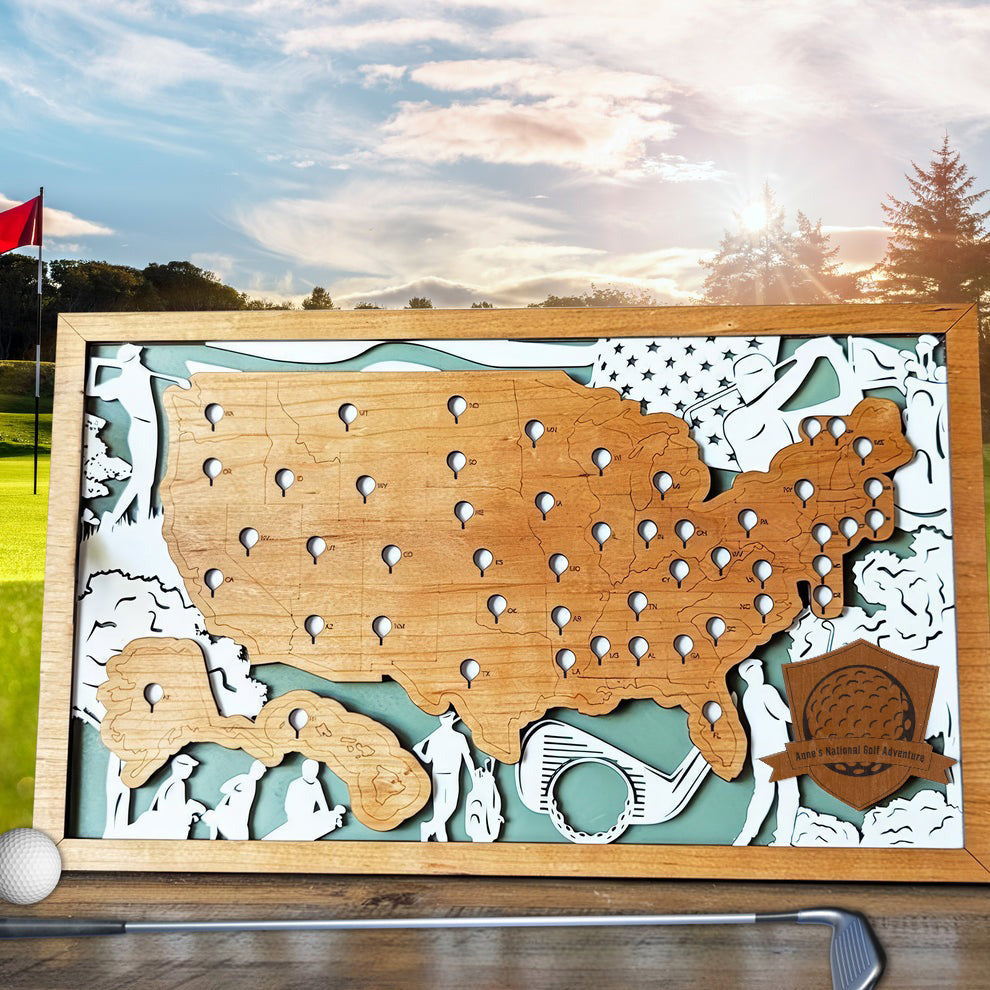 Golf Course Travel Maps, Golf Map USA With Pin, Golf Wooden Travel Map, Gift For Golfer