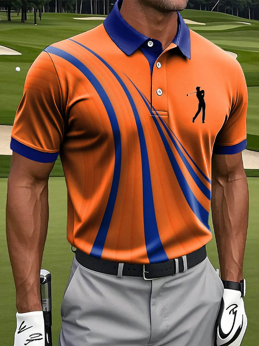 Retro Orange Abstract Line Art Print Casual Business Polo Shirt, Polo Shirts For Men, Golf Gift For Men