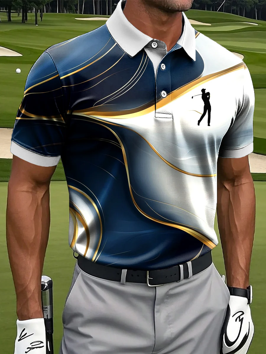 Men's Retro Classic Line Texture Art Print Casual Business Polo Shirt, Polo Shirts For Men, Golf Gift For Men