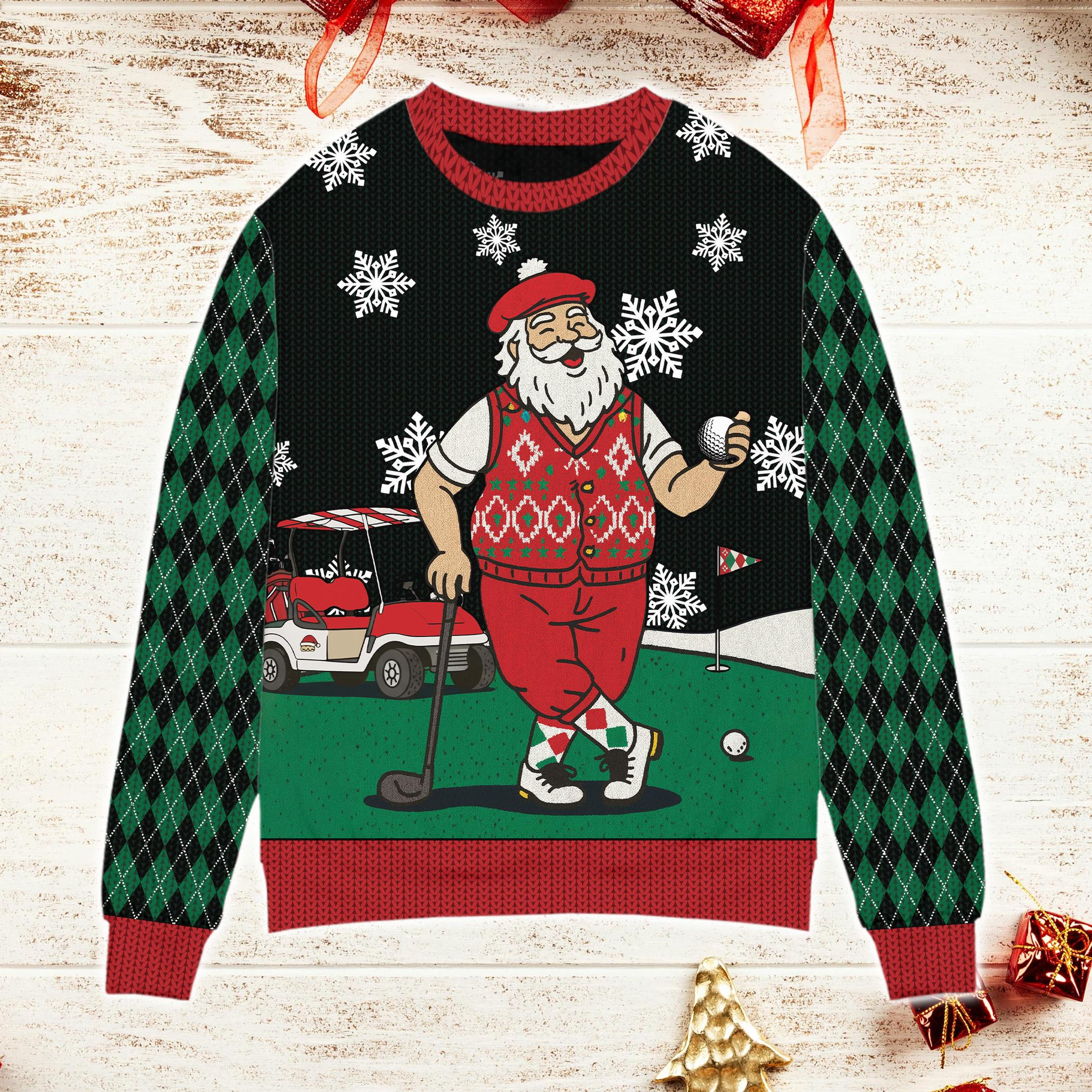 Golfing Santa Christmas Sweater, Golf Ugly Sweater, Christmas Golf Shirt, Golfer Pullover Golf Sweater