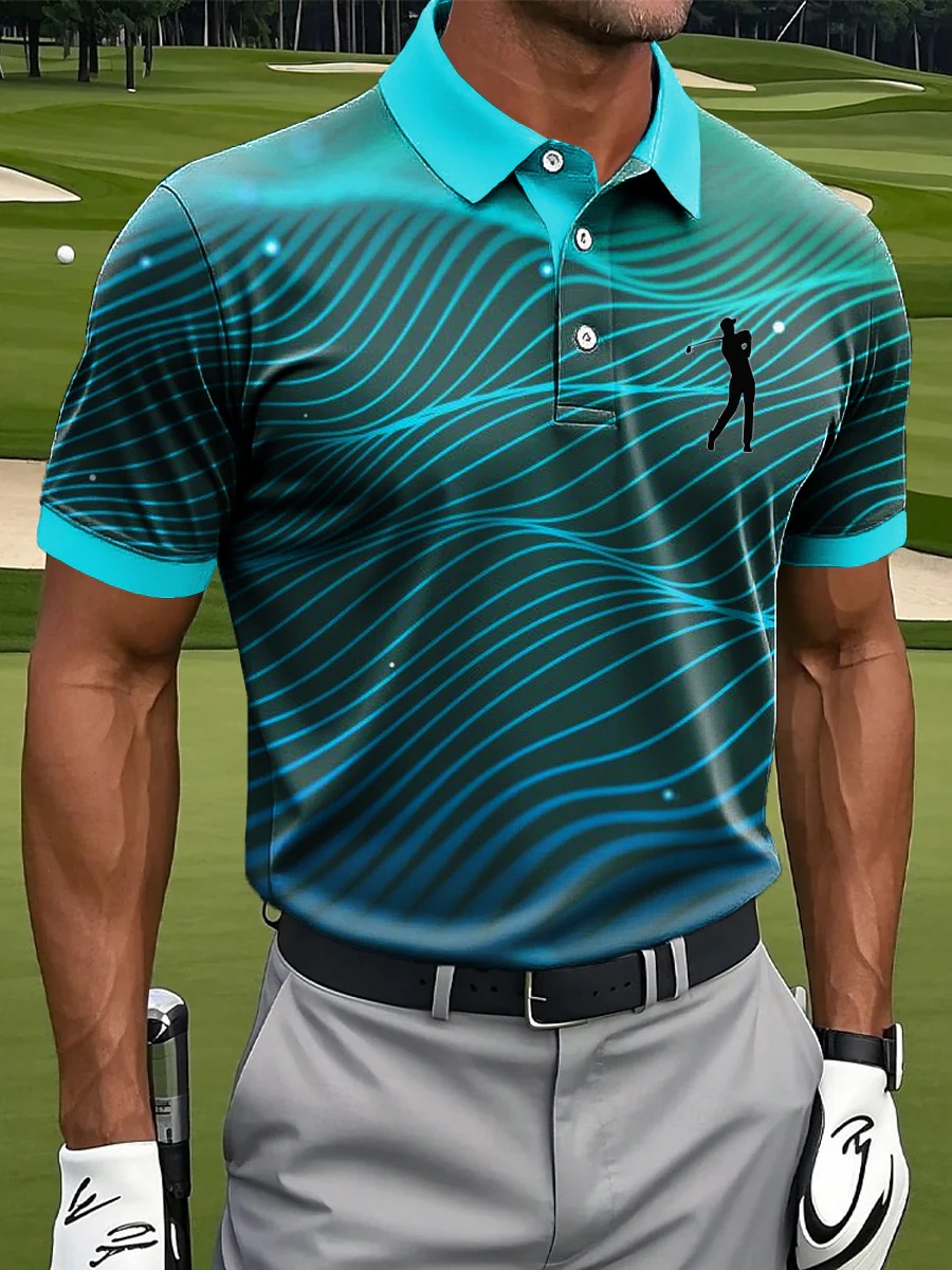 Men's Retro Line Ripple Art Print Casual Business Polo Shirt, Polo Shirts For Men, Golf Gift For Men