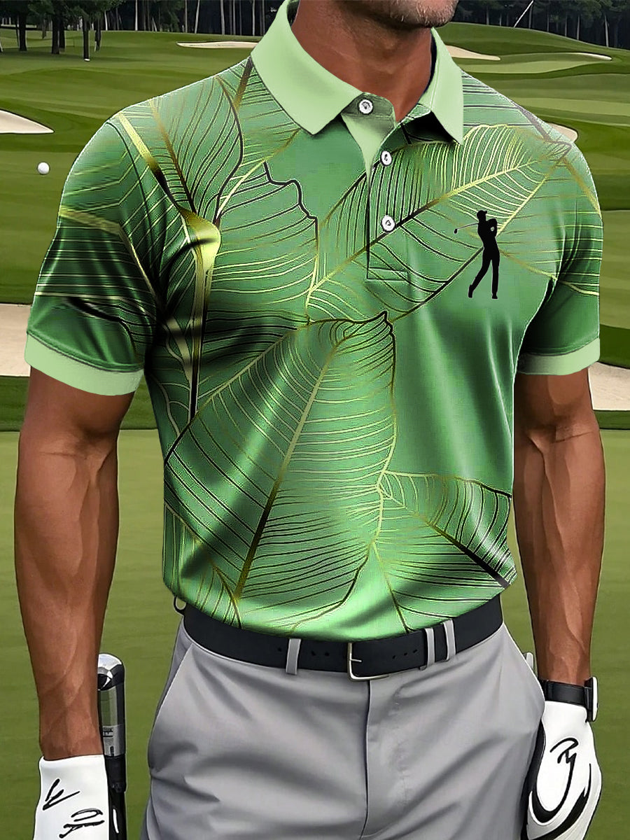 Retro Abstract Leaf Texture Art Print Casual Business Polo Shirt, Polo Shirts For Men, Golf Gift For Men