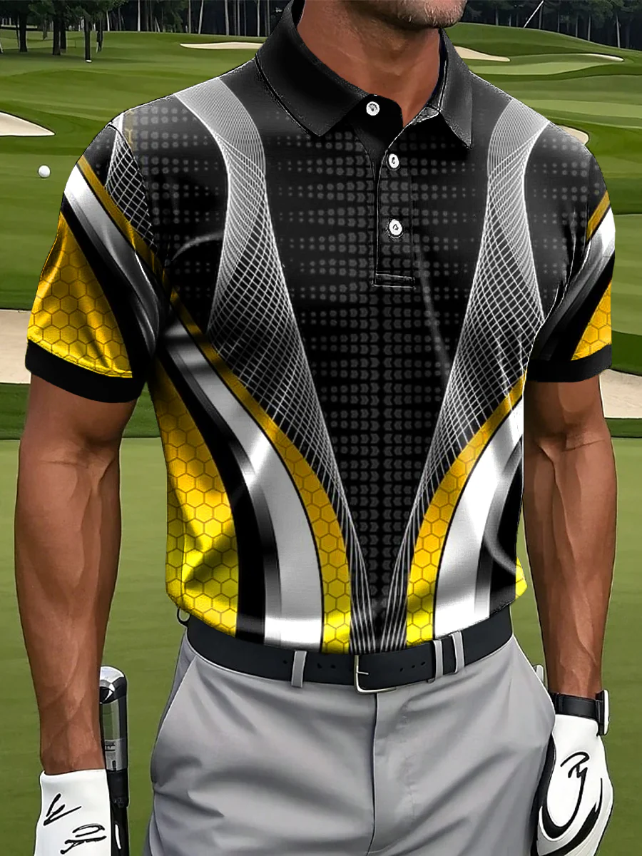 Retro Colorful Irregular Line Art Print Casual Business Polo Shirt, Polo Shirts For Men, Golf Gift For Men