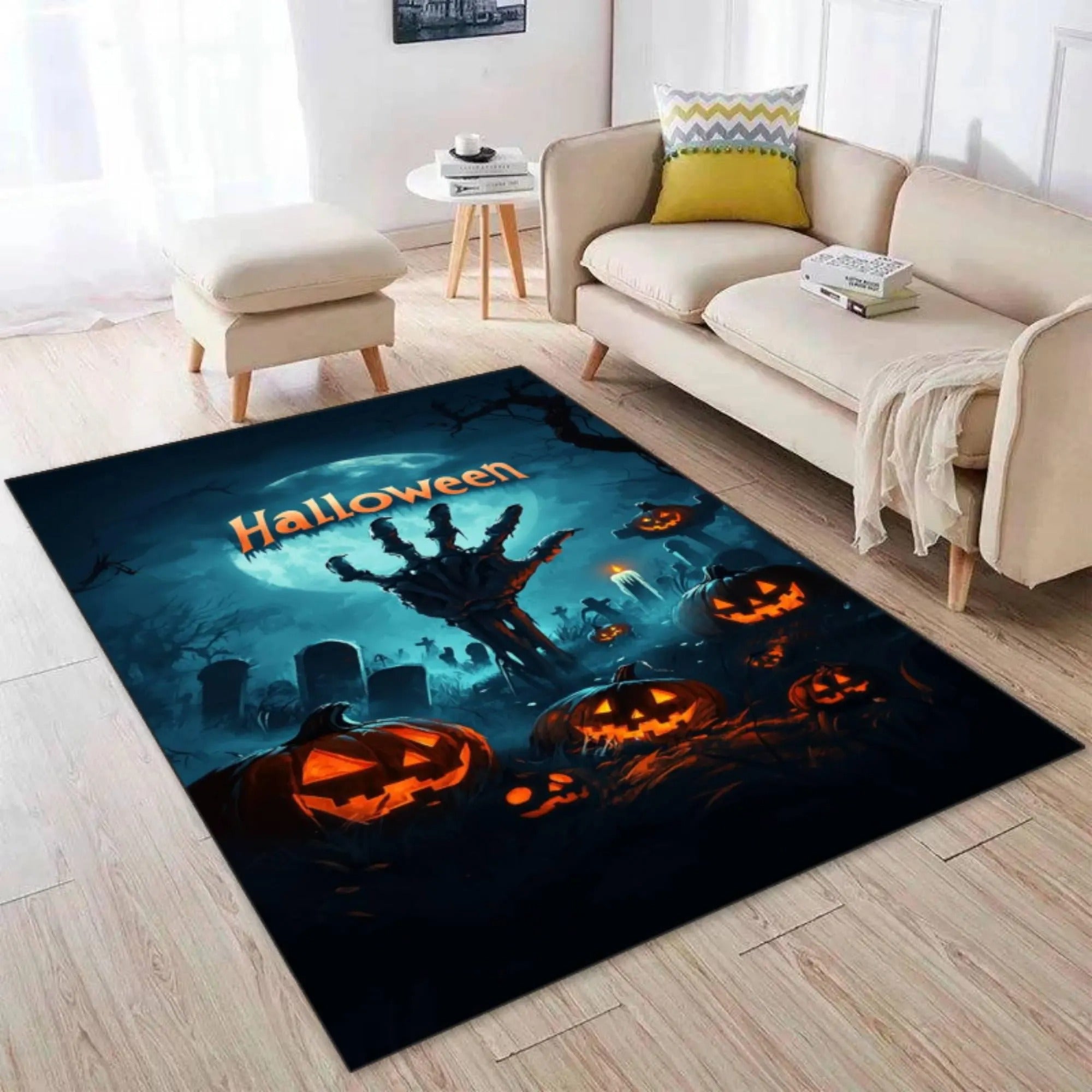 Pumpkin Ghost Halloween Rug, Spooky Graveyard Rug, Big Rugs For Living Room, Halloween Gifts