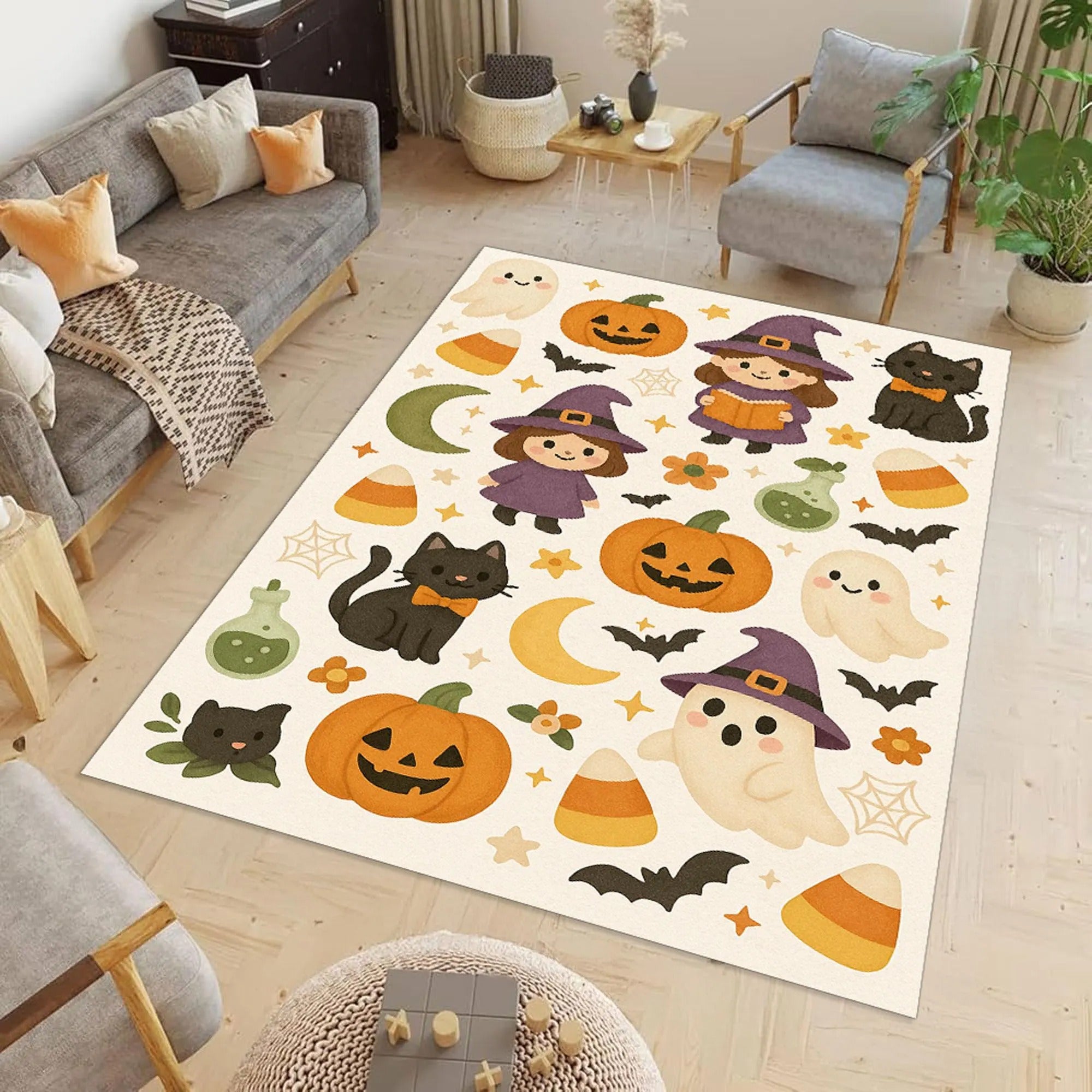 Ghosts And Bat Scary Pumpkin Rug, Indoor Halloween Rug, Halloween Room Decor, Halloween Gift Idea