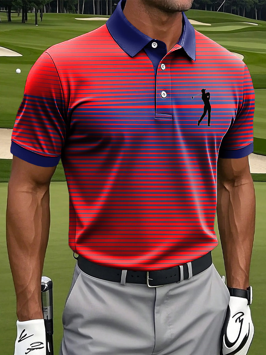 Pink Blue Gradient Striped Art Print Casual Business Polo Shirt, Polo Shirts For Men, Golf Gift For Men