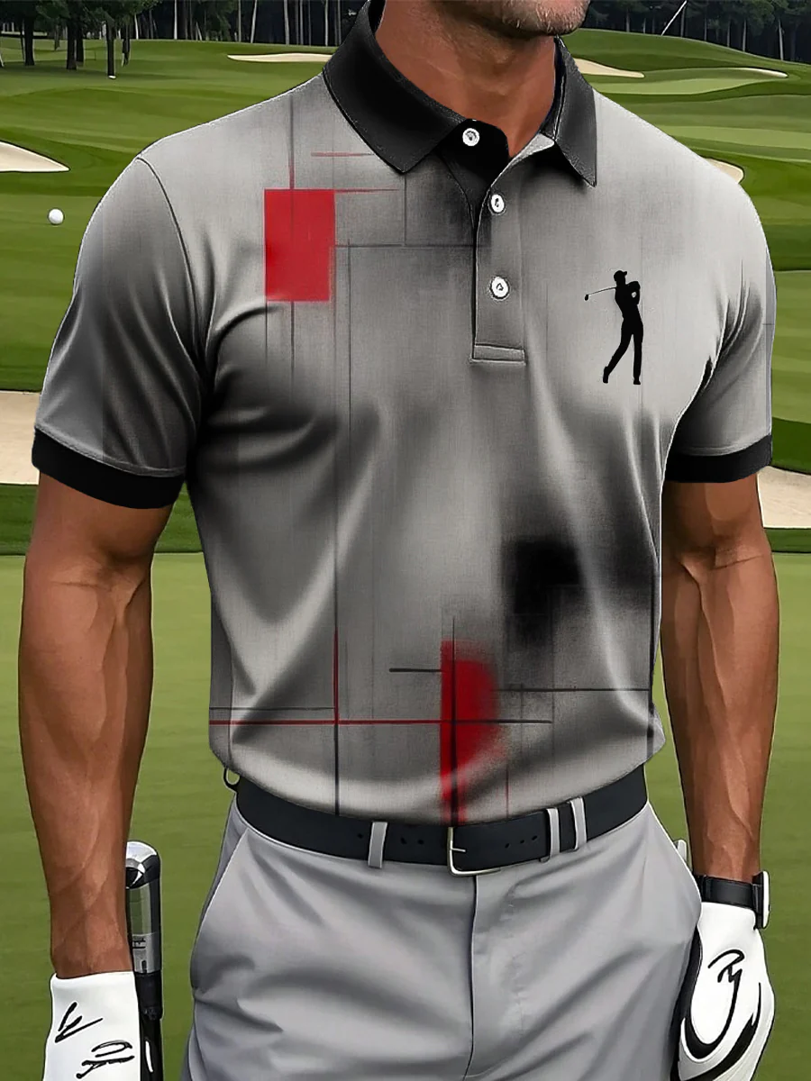 Abstract Rectangle Art Print Casual Business Polo Shirt, Polo Shirts For Men, Golf Gift For Men