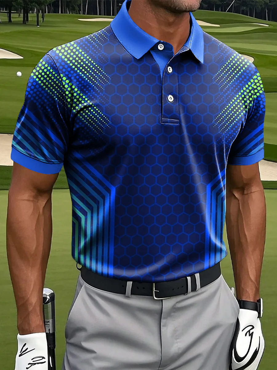 Men's Classic Geometric Art Print Casual Business Polo Shirt, Polo Shirts For Men, Golf Gift For Men