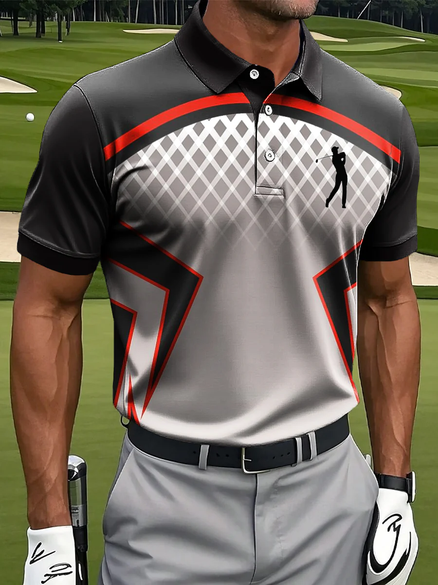 Gradient Geometric Patchwork Print Casual Business Polo Shirt, Polo Shirts For Men, Golf Gift For Men