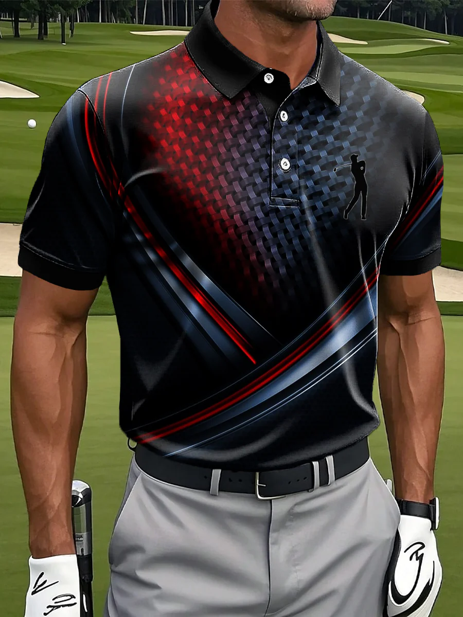 Geometric Gradient Stripe Art Print Casual Business Polo Shirt, Polo Shirts For Men, Golf Gift For Men