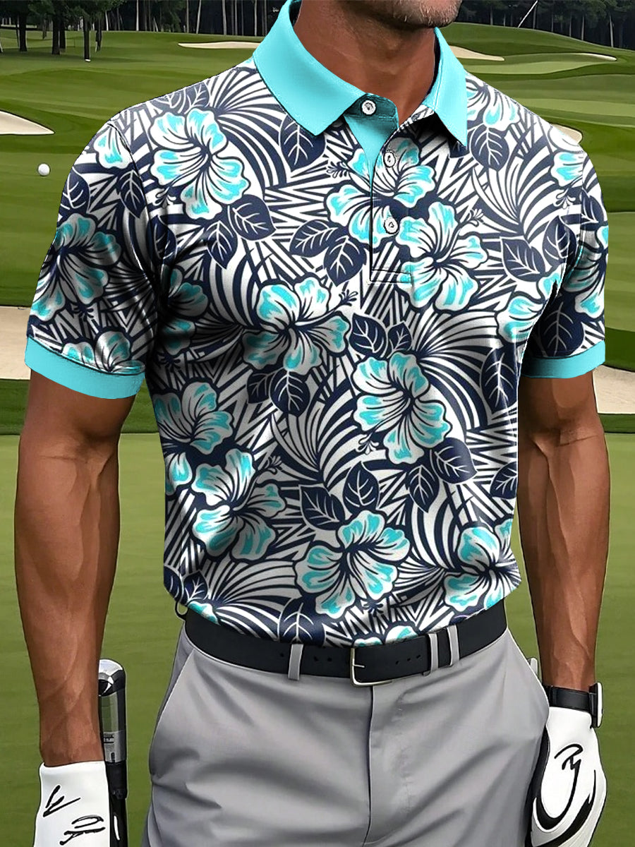 Hawaiian Tropical Floral Art Print Casual Business Polo Shirt, Polo Shirts For Men, Golf Gift For Men