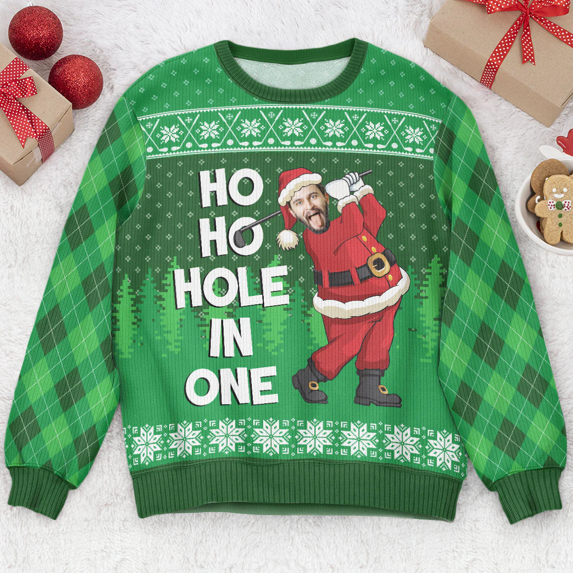 Ho Ho Ho Hole In One Custom Face All-Over-Printed Sweatshirt, Custom Ugly Christmas Sweater