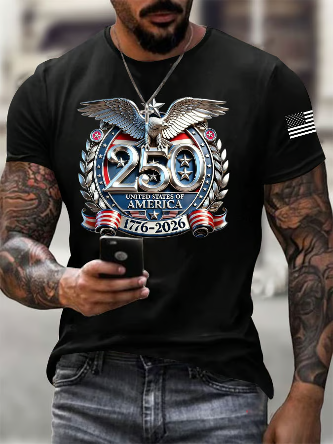 Men's Casual USA 250th Anniversary Printed Short-Sleeve T-Shirt, USA Flag Unisex Shirt, Patriotic Gift