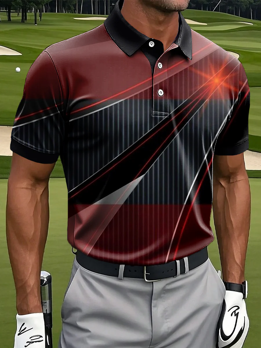 Gradient Striped Patchwork Art Print Casual Business Polo Shirt, Polo Shirts For Men, Golf Gift For Men