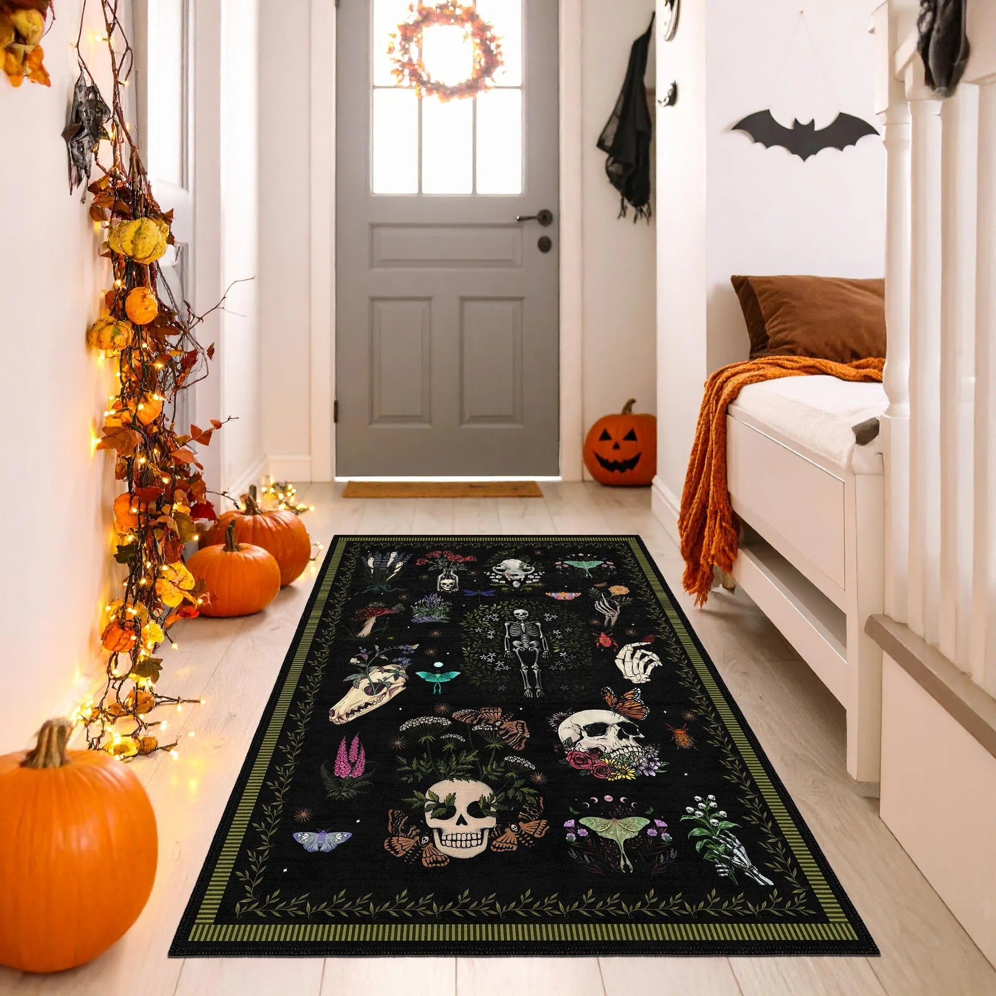 Skeleton Witch Floral Rug, Botanical Skull Spooky Decor, Halloween Rug, Living Room Rug, Halloween Gifts