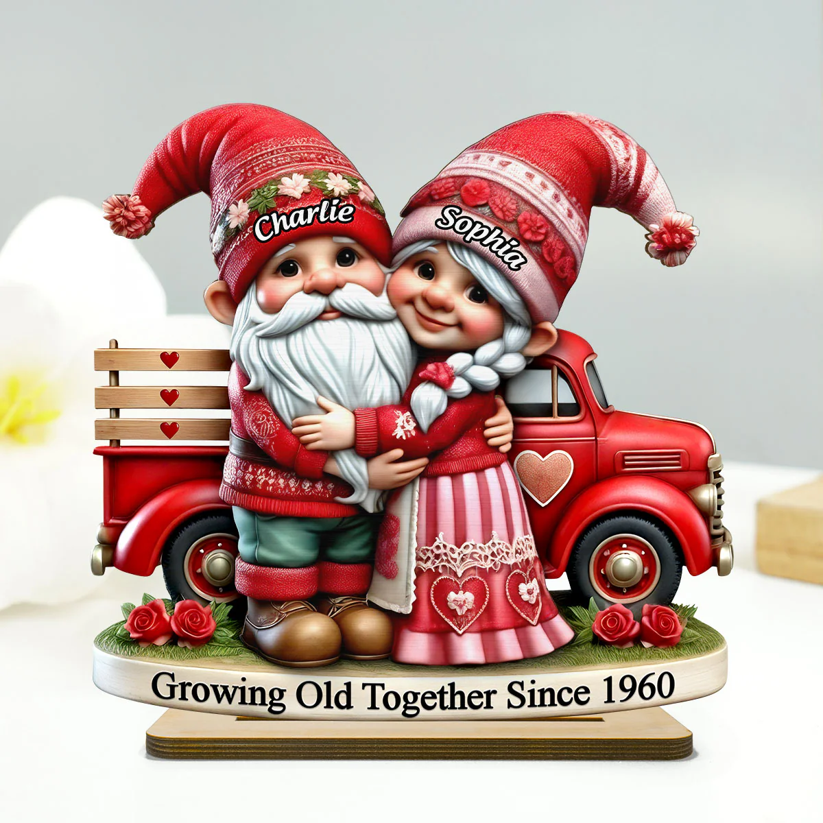 Gnome Couple Truck 2 Layered Wooden Plaque, Personalized Valentines Gift, Couple Anniversary Gift