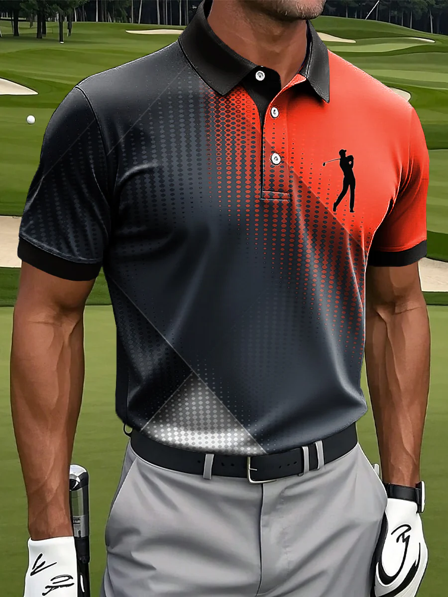 Gradient Dot Geometric Art Print Casual Business Polo Shirt, Polo Shirts For Men, Golf Gift For Men