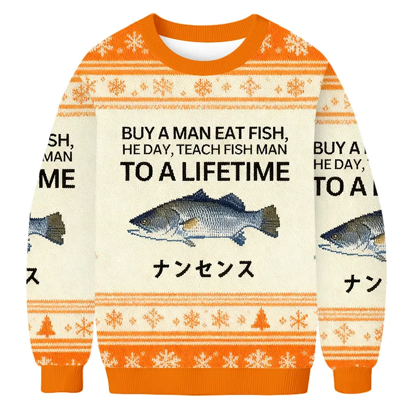 Funny Buy A Man Eat Fish Orange Ugly Sweater, Funny Christmas Ugly Sweatshirt, Xmas Ugly Sweater