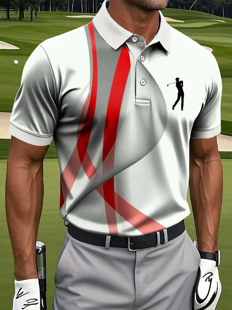 Retro Abstract Red Line Golf Tops For Men, Polo Shirts For Men, Golf Gift For Men