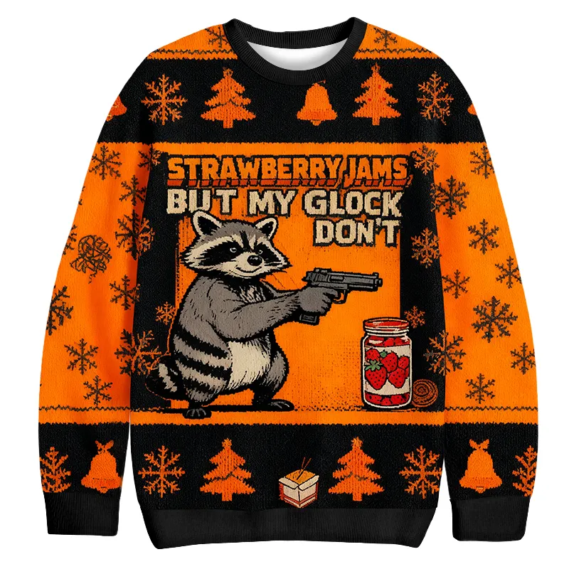 Strawberry Jams But My Glock Don't Funny Raccoon Ugly Sweater, Christmas Ugly Sweatshirt, Xmas Ugly Sweater