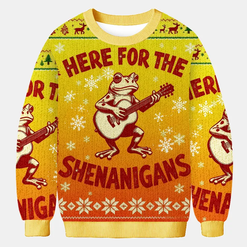 Here For The Shenanigans Frog Playing Guitar Ugly Sweater, Funny Christmas Ugly Sweatshirt, Xmas Ugly Sweater