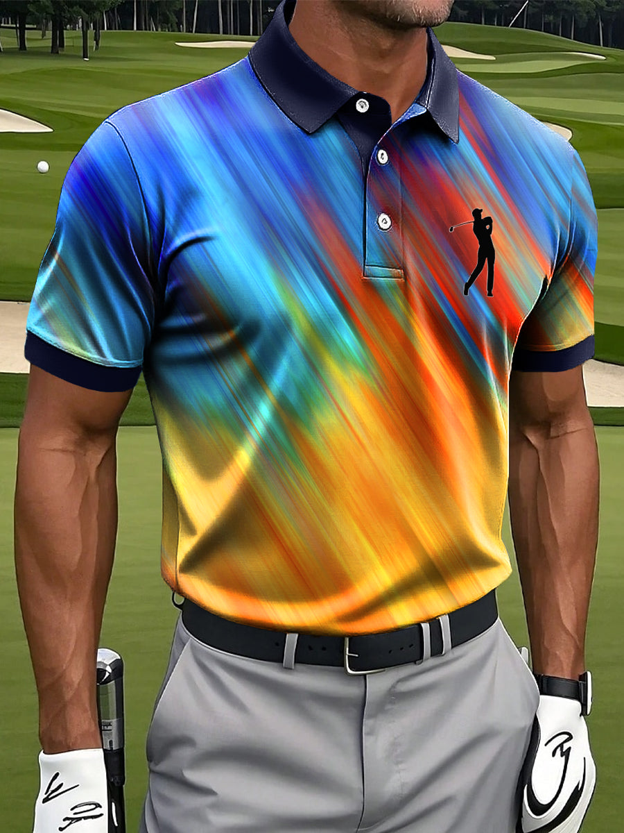 Rainbow Stripe Art Print Casual Business Polo Shirt, Polo Shirts For Men, Golf Gift For Men