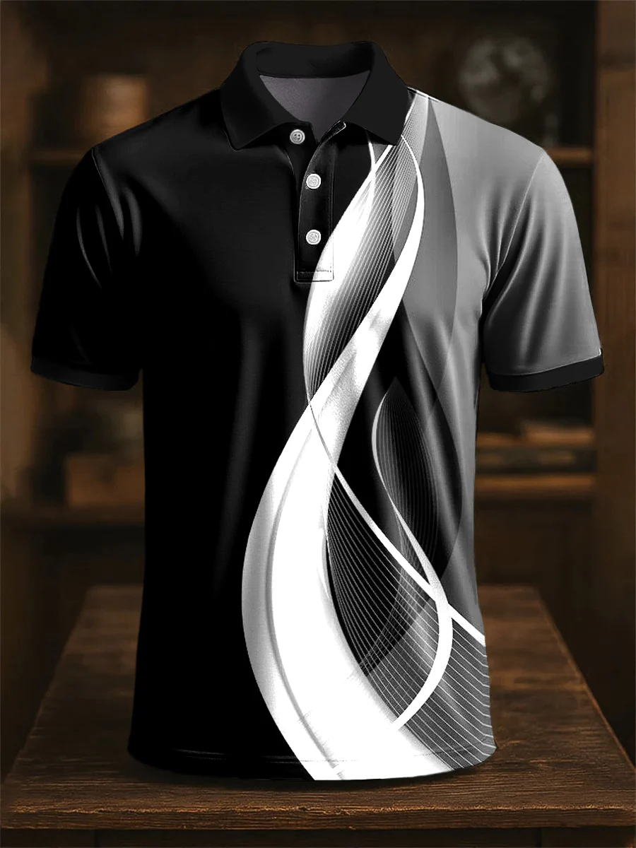 Vintage Art Abstract Irregular Line Texture Printing Casual Business Polo Shirt, Golf Gift For Men