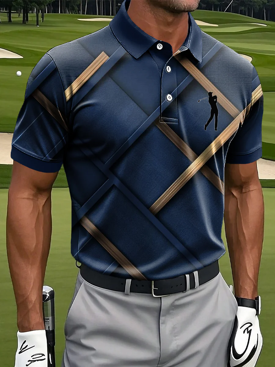 Abstract Lines Geometric Print Casual Business Polo Shirt, Polo Shirts For Men, Golf Gift For Men