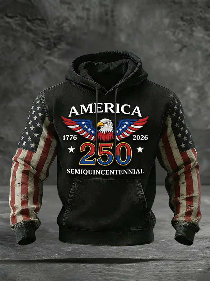Men's 250th Anniversary Of The United States Commemorating Hoodie, Black Hooded Jumper 4th Of July Gift