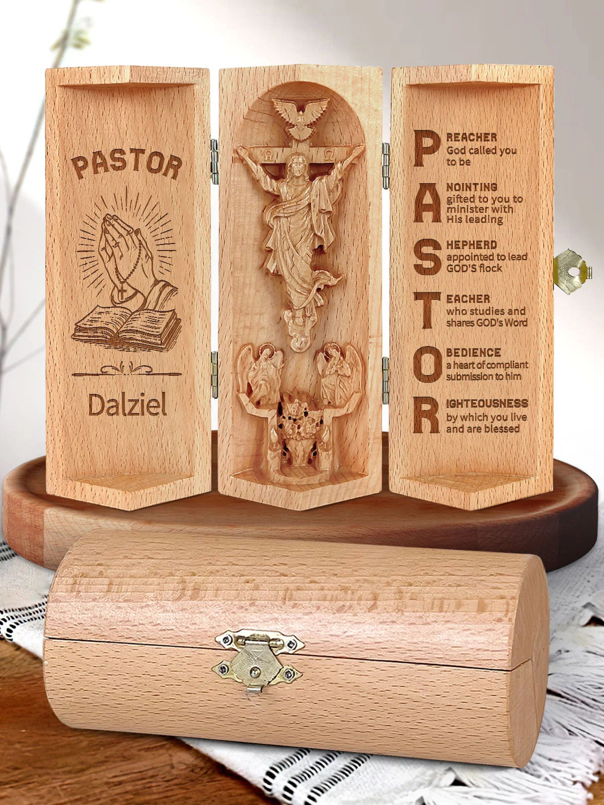 Serve Faithfully, Personalized Openable Wooden Cylinder Sculpture of Jesus Christ, Christian Gifts