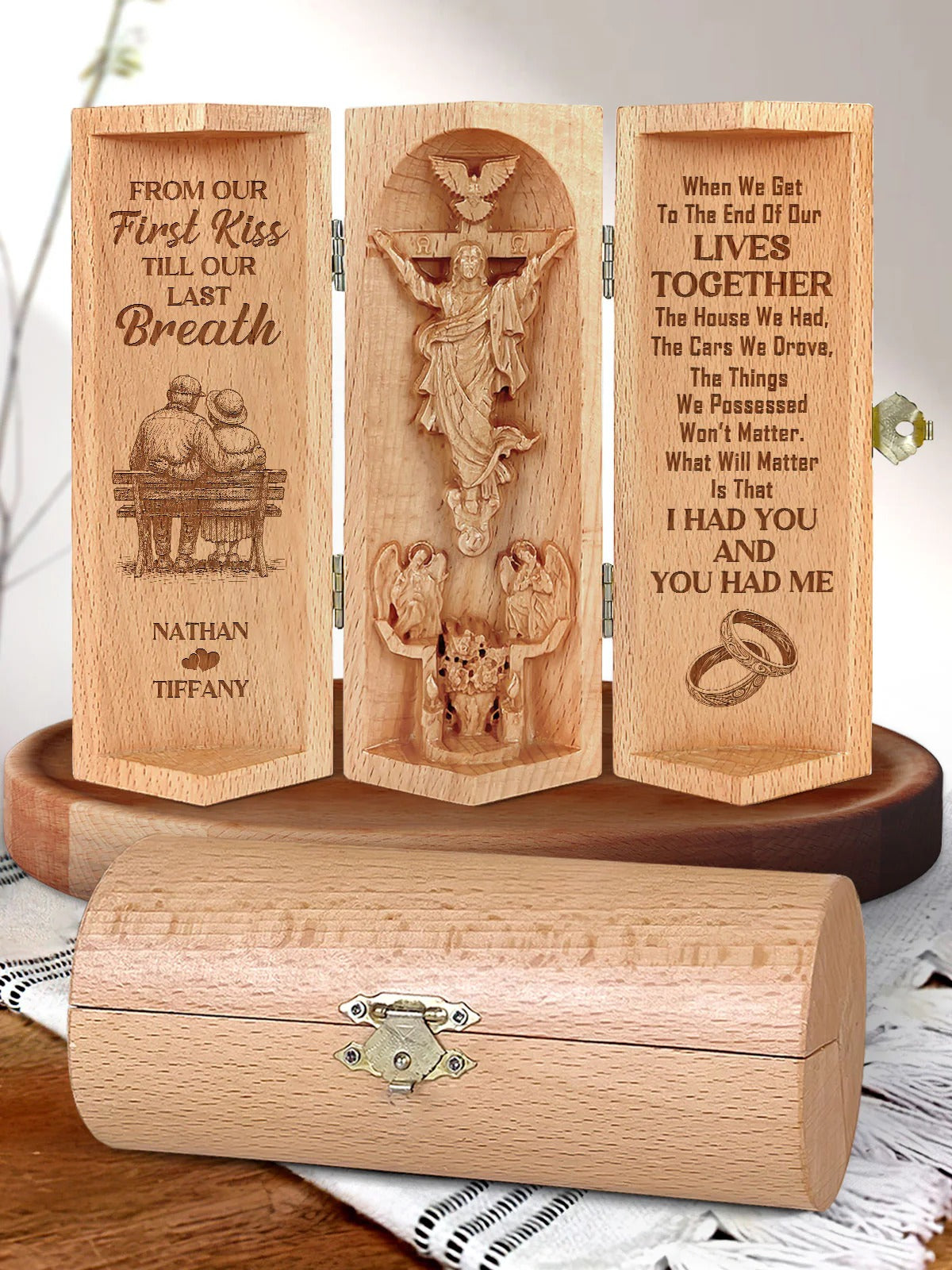 Get To The End Of Our Lives Together, Personalized Openable Wooden Cylinder Sculpture of Jesus Christ, Christian Gifts