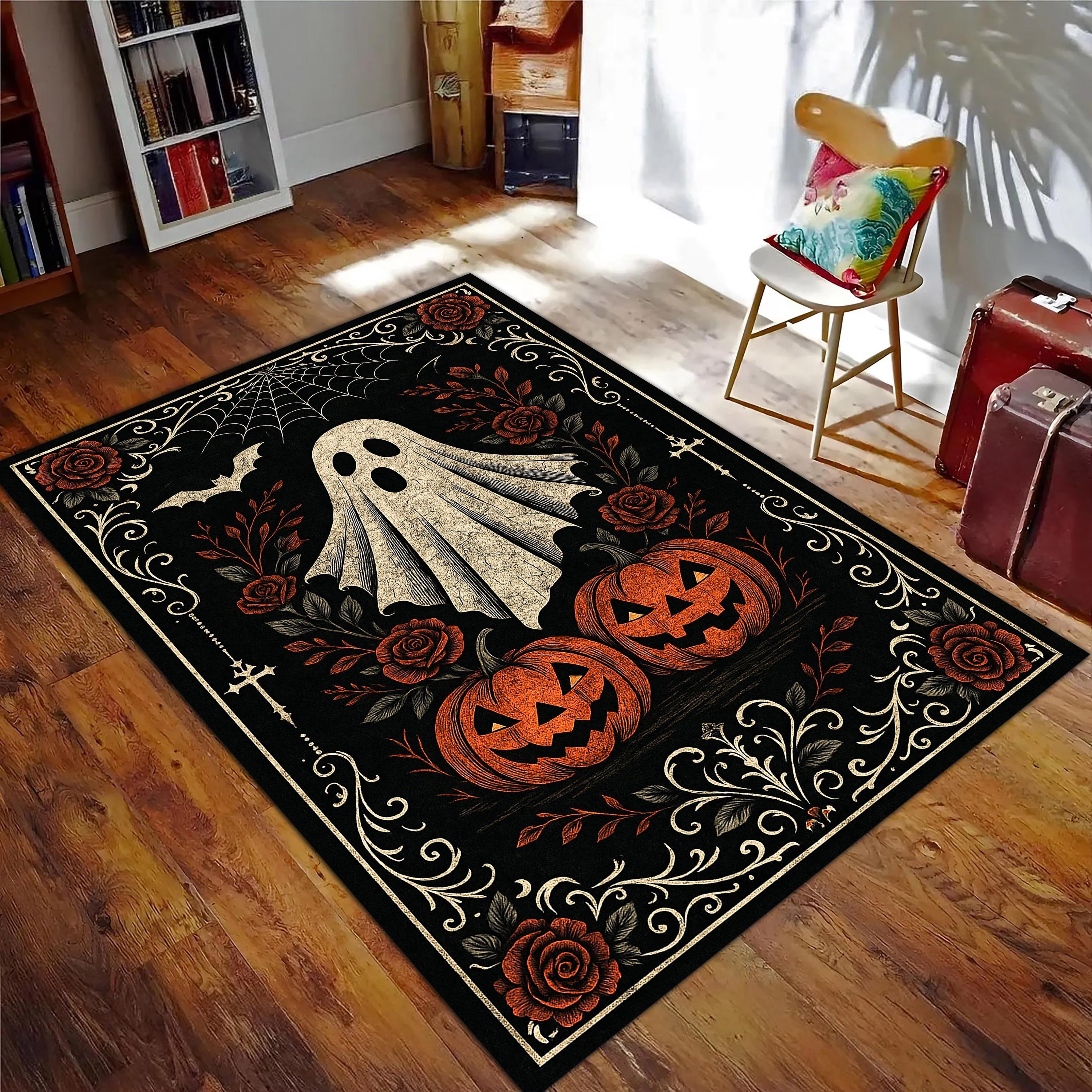 Halloween Rug Ghost And Pumpkin, Decorative Rug, Living Room Rug, Halloween Decor, Halloween Gifts
