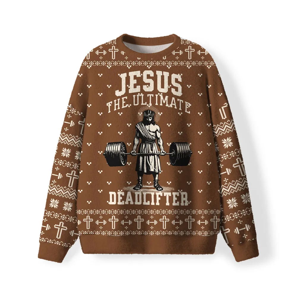 Jesus The Ultimate Deadlifter Furry Christian Funny Ugly Sweater, Ugly Xmas Sweater, Christmas Ugly Sweatshirt