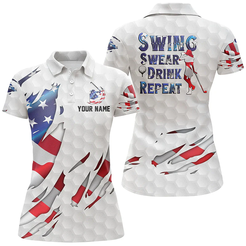 Custom Name Swing Swear Drink Repeat American Flag Polo Shirt, Golf Shirt For Women, Ladies Golf Polos
