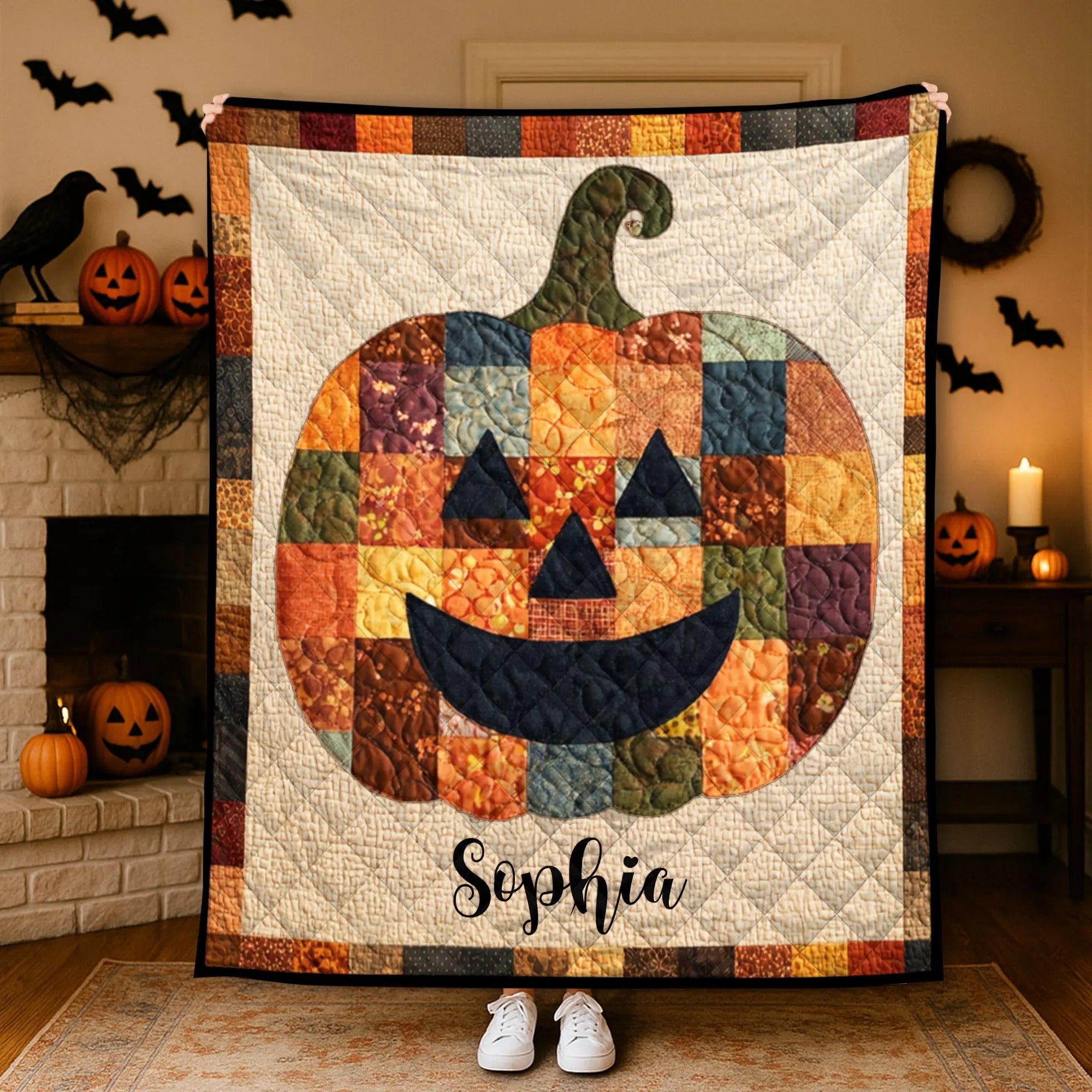 Custom Halloween Pumpkin Quilt Blanket, Personalized Sherpa Blanket, Spooky Season Decor