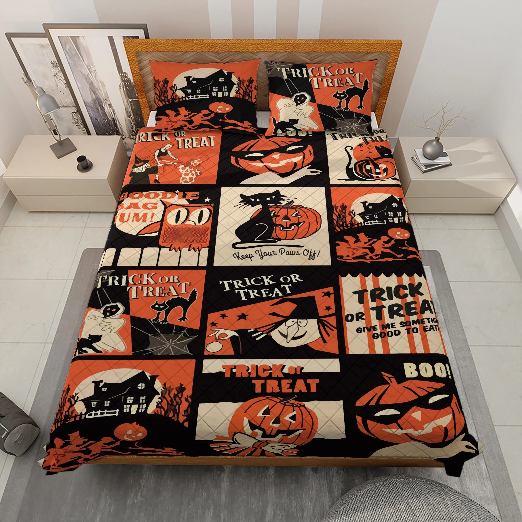 Vintage Halloween Quilt Bedding Set, Spooky Pumpkin Decor, Halloween Home Decor