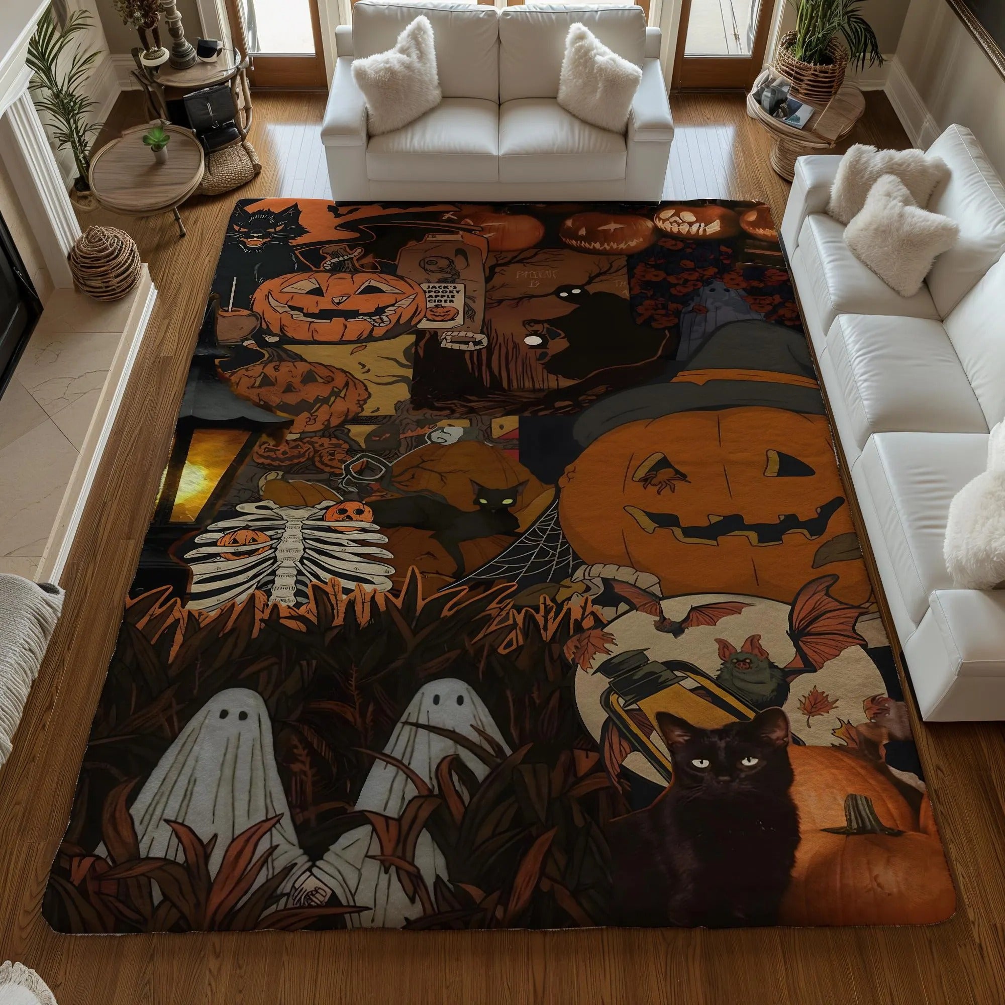 Spooky Season Ghost Carved Pumpkin Rug, Decorative Rug, Living Room Rug, Halloween Gifts