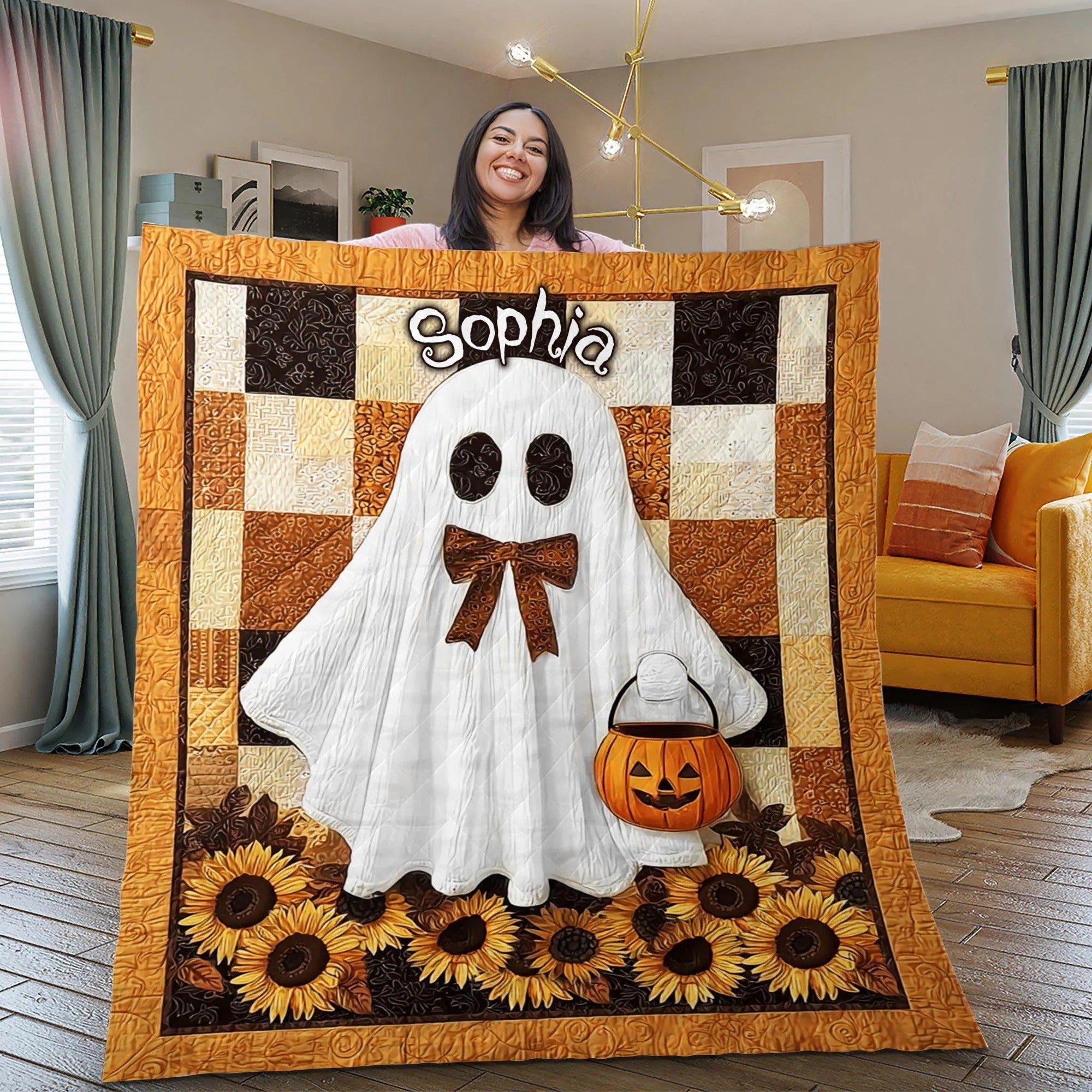 Ghost Pumpkin Blanket, Personalized Sherpa Blanket, Spooky Season Decor