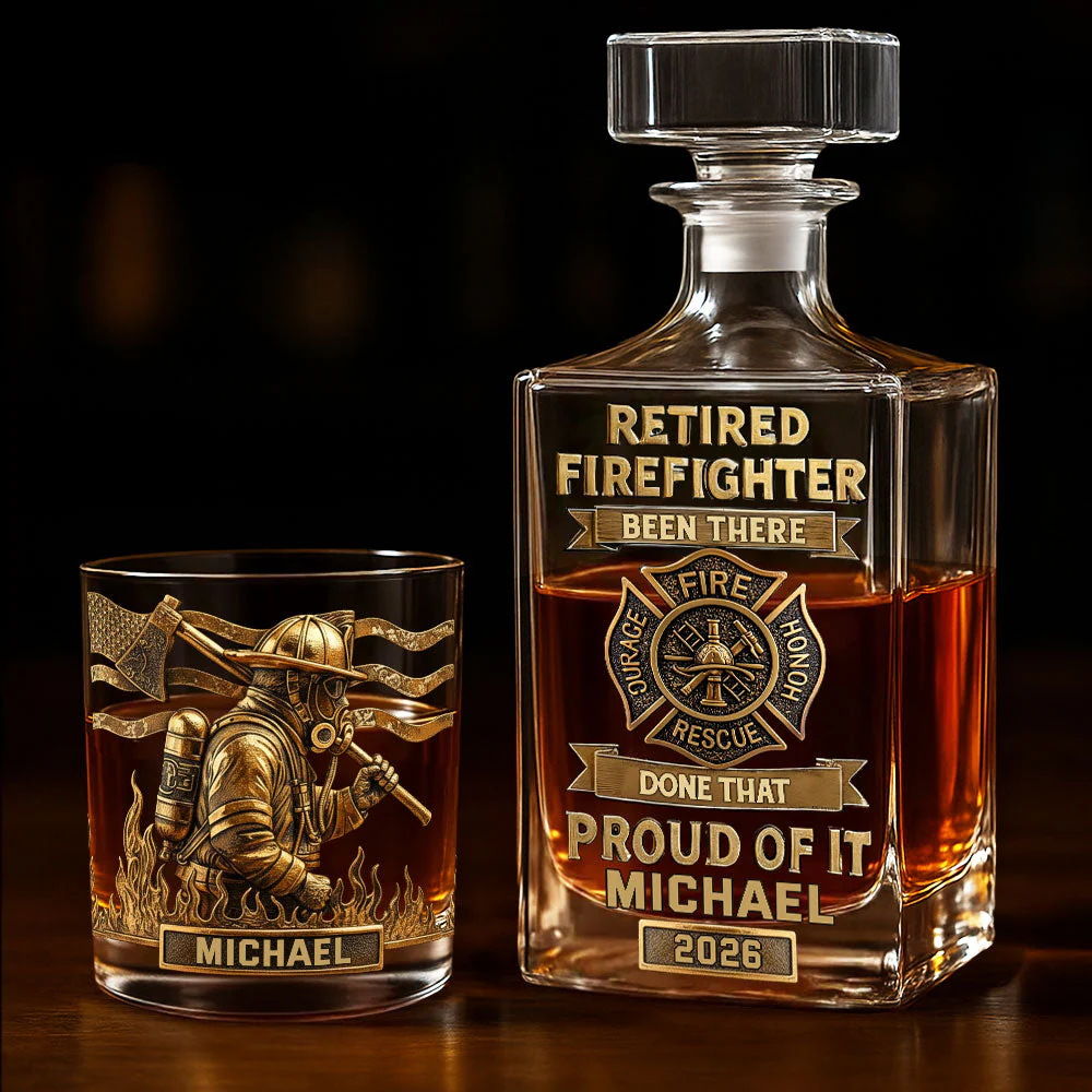 Proud Retired Firefighter Whiskey Decanter Set, Luxury Whiskey Glass, Firefighter Retirement Gift