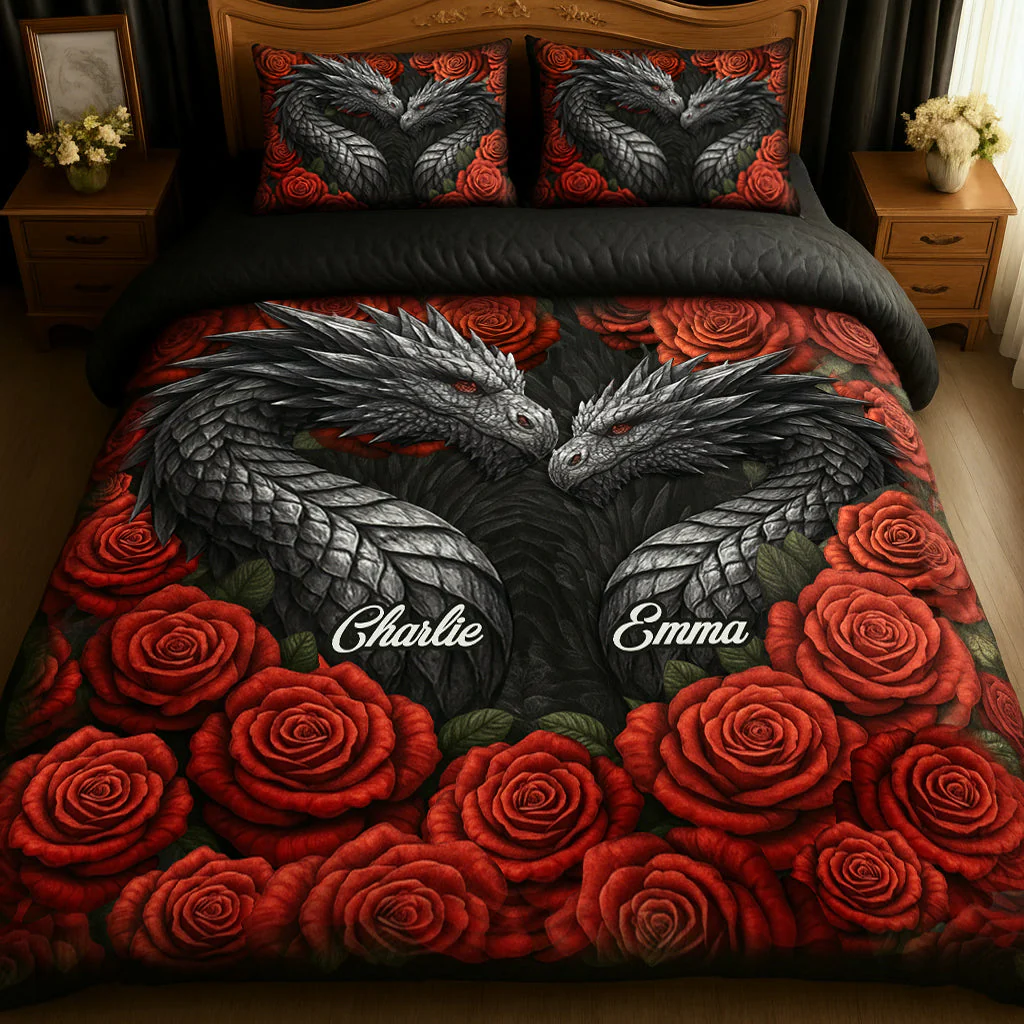 Dragon Rose Couple Bedding Set, Couple Valentine Gift, Personalized Valentines Gift, Couple Anniversary Gift
