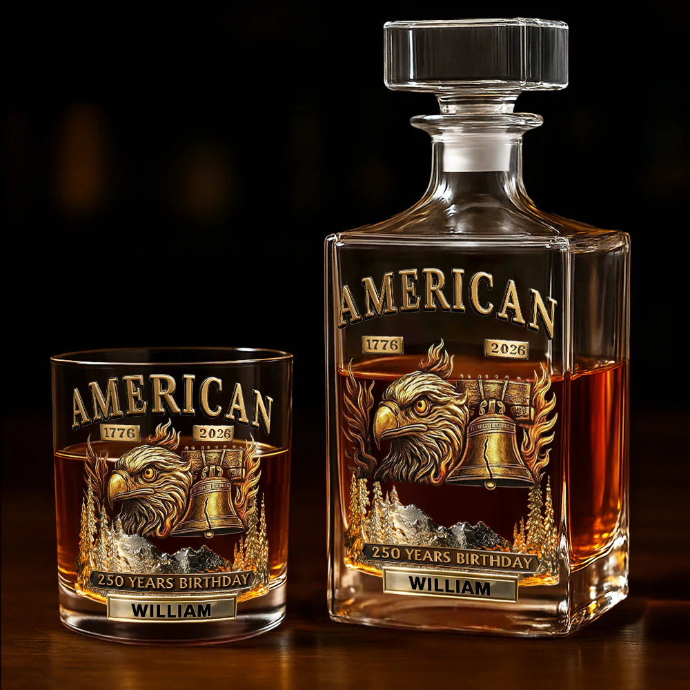 250 Years Birthday American Whiskey Decanter Set, 250th Anniversary Luxury Whiskey Glass, Patriotic Gift