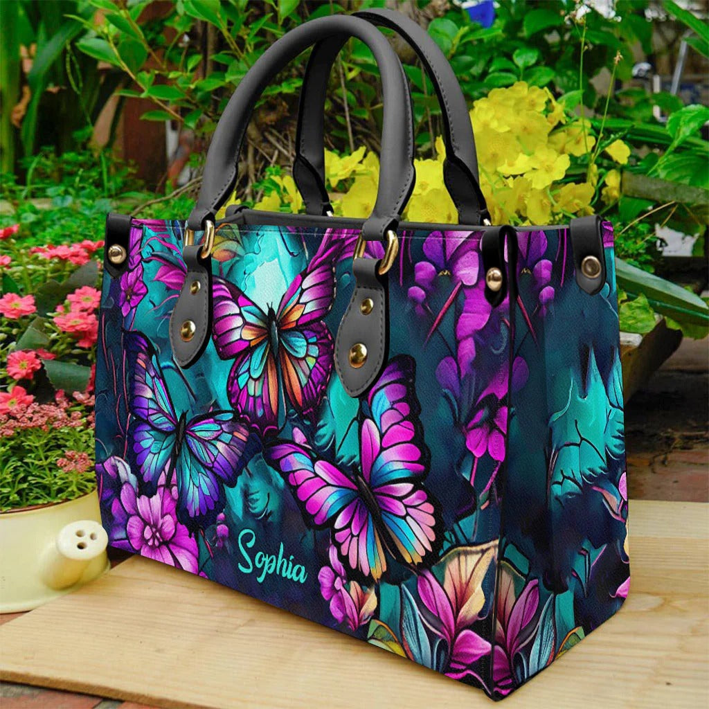 Beautiful Butterflies - Personalized Butterfly Leather Handbag - Boho Handbag - Leather Shoulder Bag