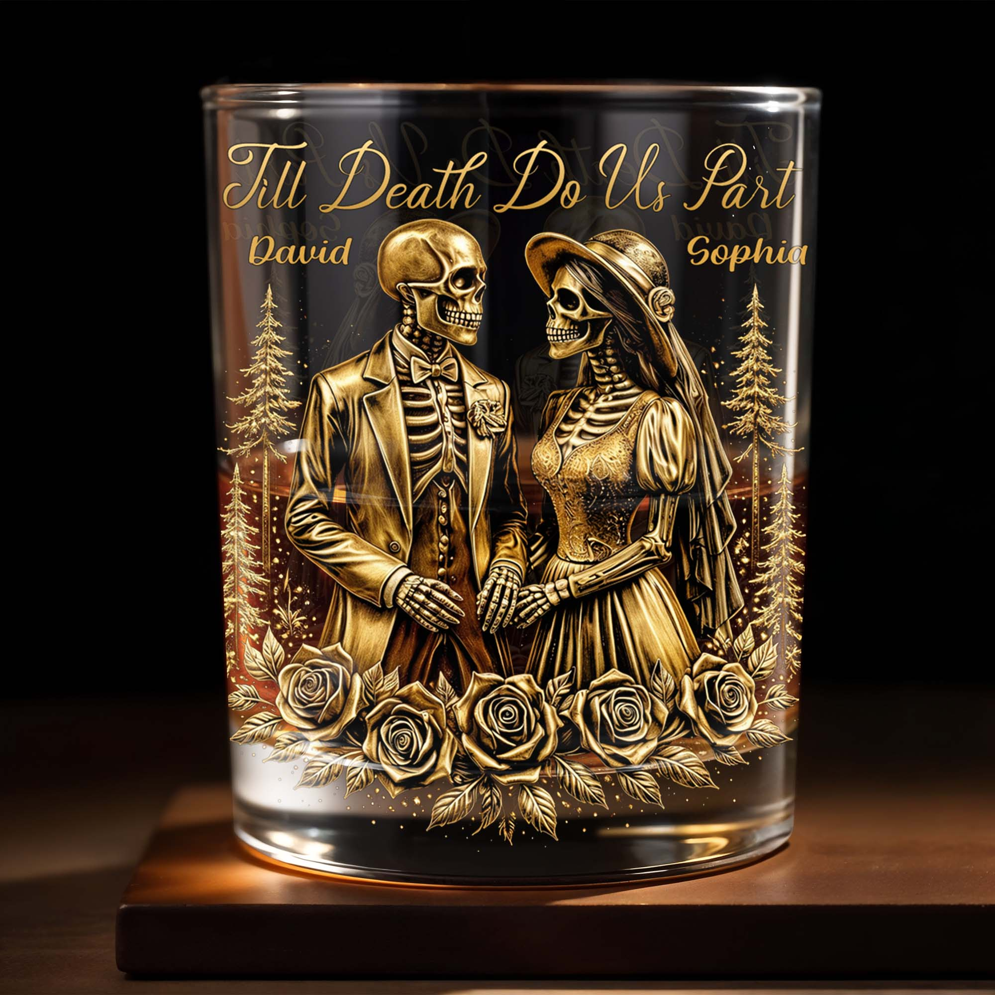 Till Death Do Us Part With Skeleton Couple And Roses, Custom Whiskey Glass, Gift For Spouse